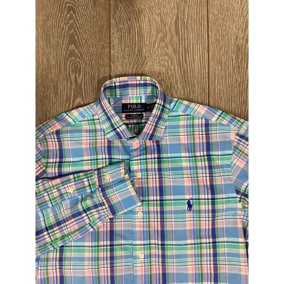 Polo Ralph Lauren Skin‎ fit Cotton stretch S Button Up Shirt Plaid Blue pink - Picture 1 of 5